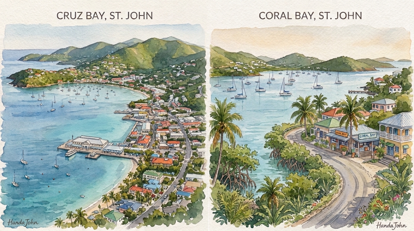 watercolor renditions of cruz bay st john and coral bay st john